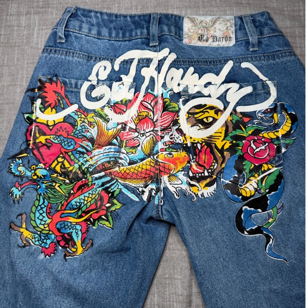 Ed Hardy Denim Women 24 Blue Flare Jeans Tattoo Graphic Tiger Dragon‎ WEHDB100-3